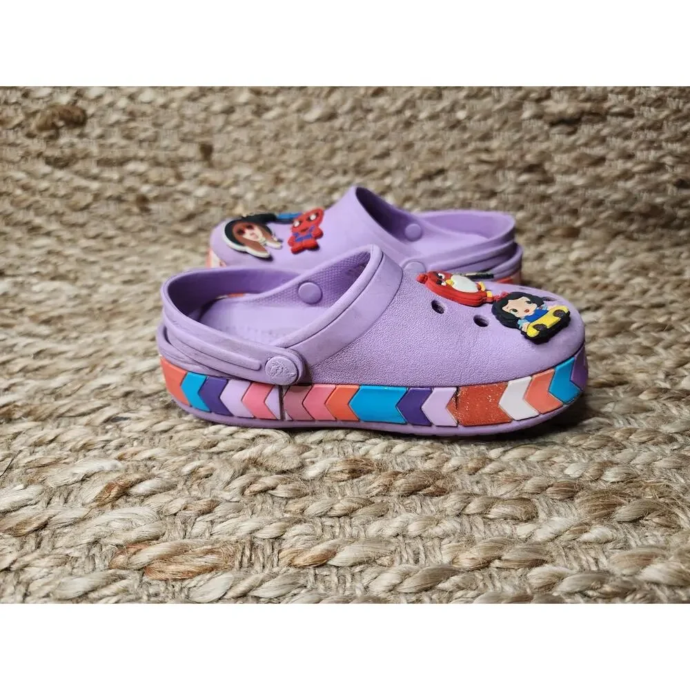 Crocs Shoes Girls Sz. C 10 Crocband Chevron Beaded Clogs Purple Rainbow Jib Bitz